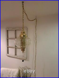 Vintage Clear Round Glass Swag Lamp Pendant MCM Hanging Light Plug In