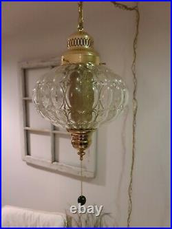 Vintage Clear Round Glass Swag Lamp Pendant MCM Hanging Light Plug In