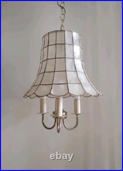 Vintage Coastal Boho MCM 1960's Capiz Shell 3 Candle Hanging Swag Lamp