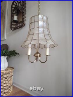 Vintage Coastal Boho MCM 1960's Capiz Shell 3 Candle Hanging Swag Lamp