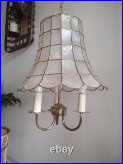 Vintage Coastal Boho MCM 1960's Capiz Shell 3 Candle Hanging Swag Lamp