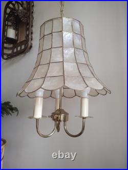 Vintage Coastal Boho MCM 1960's Capiz Shell 3 Candle Hanging Swag Lamp