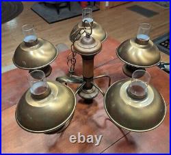 Vintage Colonial Brass & Wood 5 Arm Chandelier Lamp Hurricane Brass Shades 28 D