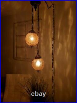 Vintage Crackle Amber 2 Globe Swag Light Hanging Plug In Lamp Glass Mid Century