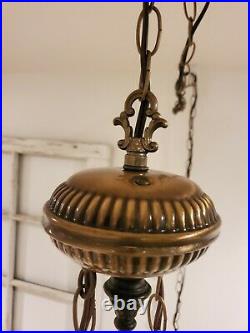 Vintage Crackle Amber 2 Globe Swag Light Hanging Plug In Lamp Glass Mid Century
