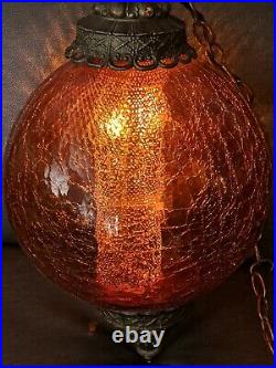 Vintage Crackle Amber Glass and Brass Hanging Swag Lamp With Diffuser Rare