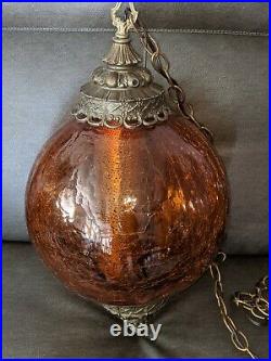Vintage Crackle Amber Glass and Brass Hanging Swag Lamp With Diffuser Rare