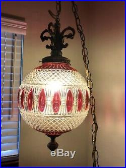 Vintage Cranberry And Crystal Glass Pendant Swag Hanging Lamp