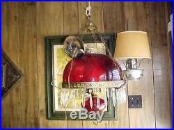 Vintage Cranberry Ruby Red Glass Swag Hanging Ceiling Mount Hurricane Lamp Light