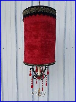 Vintage Crushed Red Velvet Drum Hanging Swag Lamp, Mid Century Mod Hollywood