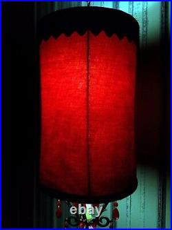 Vintage Crushed Red Velvet Drum Hanging Swag Lamp, Mid Century Mod Hollywood