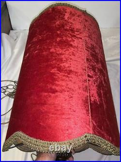 Vintage Crushed Red Velvet Drum Hanging Swag Lamp, Mid Century Mod Hollywood