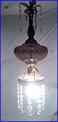 Vintage Crystal Waterfall Hanging Swag Lamp with Gold Glass Vine Design Light