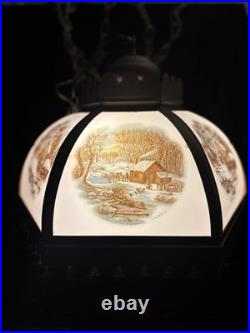 Vintage Currier & Ives 6 Panel Hanging Swag Lamp Homestead in Winter