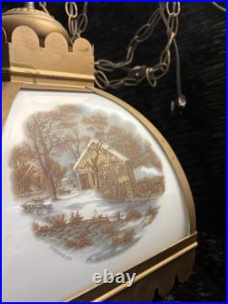 Vintage Currier & Ives 6 Panel Hanging Swag Lamp Homestead in Winter