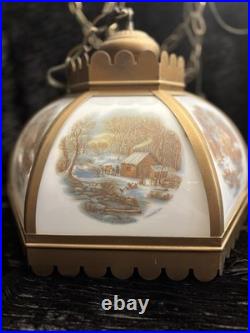 Vintage Currier & Ives 6 Panel Hanging Swag Lamp Homestead in Winter