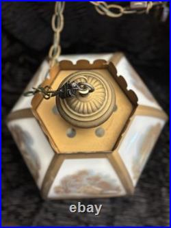 Vintage Currier & Ives 6 Panel Hanging Swag Lamp Homestead in Winter