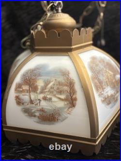 Vintage Currier & Ives 6 Panel Hanging Swag Lamp Homestead in Winter