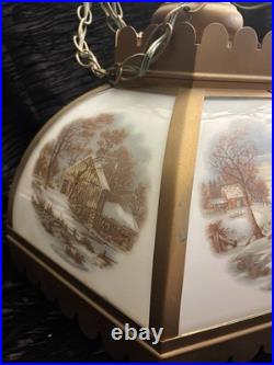 Vintage Currier & Ives 6 Panel Hanging Swag Lamp Homestead in Winter