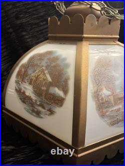 Vintage Currier & Ives 6 Panel Hanging Swag Lamp Homestead in Winter
