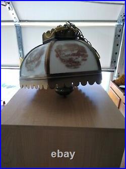 Vintage Currier and Ives Metal Glass Panel Farmhouse Electric Hanging swag Lamp