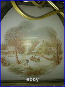 Vintage Currier and Ives Metal Glass Panel Farmhouse Electric Hanging swag Lamp