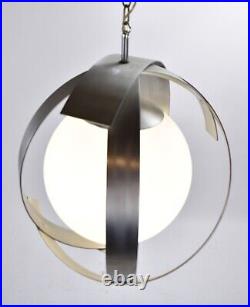 Vintage Custom Made Steel Strips and White Globe Hanging Ceiling Pendant Lamp