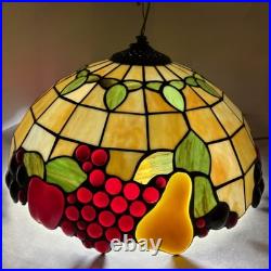 Vintage Dale Tiffany Style 3-D Fruit Leaded Stained Glass Hanging Lamp 16 Inch