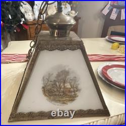Vintage Del-Val Currier & Ives Four Seasons Hanging Pendant Lamp Milk Glass