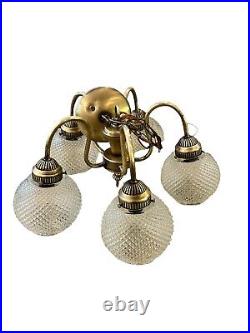 Vintage Diamond Brass Clear Glass Globe Light Chandelier Swag Lamp Retro MCM 60