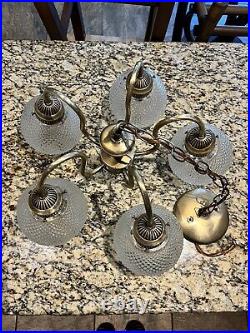 Vintage Diamond Brass Clear Glass Globe Light Chandelier Swag Lamp Retro MCM 60