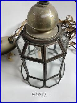 Vintage Double Clear Glass Chain Brass Swag Hanging Lamps Light Fixture MCM