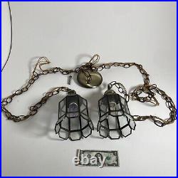 Vintage Double Clear Glass Chain Brass Swag Hanging Lamps Light Fixture MCM