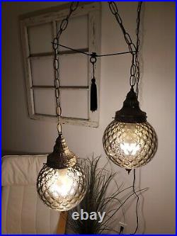 Vintage Double Swag Light Small Smokey Gray Glass Globes Mid Century Lamp PlugIn