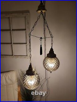 Vintage Double Swag Light Small Smokey Gray Glass Globes Mid Century Lamp PlugIn