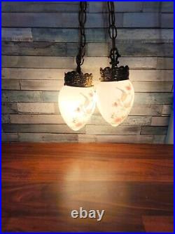 Vintage Double White Globe Chain Pendant Swag Hanging Lamps Light Fixture MCM