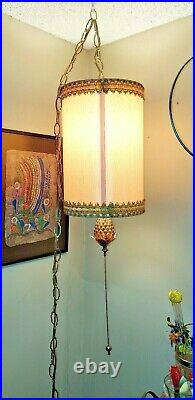 Vintage Drum Shade & Fenton Glass Hanging Swag Lamp Light gold fringe chain