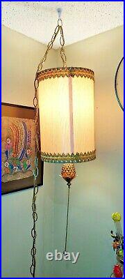 Vintage Drum Shade & Fenton Glass Hanging Swag Lamp Light gold fringe chain