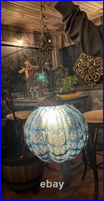 Vintage EF & EF Industries No. 335X Blue Carnival Glass Swag Lamp MCM