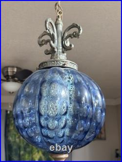 Vintage EF Industries No. 335X Blue Carnival Glass Swag Lamp Mid Century MCM