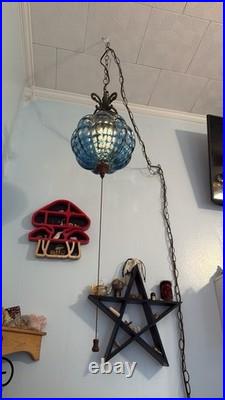 Vintage EF Industries No. 335X Blue Carnival Glass Swag Lamp Mid Century MCM