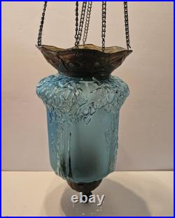 Vintage Early 20th Century Moonlight Sampler Blue Glass Hanging Chain Swag Lamp