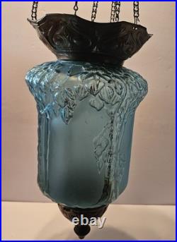 Vintage Early 20th Century Moonlight Sampler Blue Glass Hanging Chain Swag Lamp