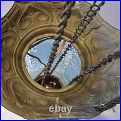 Vintage Early 20th Century Moonlight Sampler Blue Glass Hanging Chain Swag Lamp