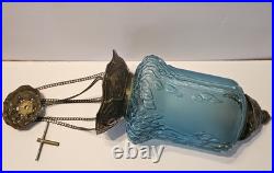 Vintage Early 20th Century Moonlight Sampler Blue Glass Hanging Chain Swag Lamp