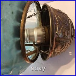 Vintage Early 20th Century Moonlight Sampler Blue Glass Hanging Chain Swag Lamp