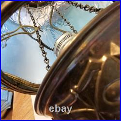 Vintage Early 20th Century Moonlight Sampler Blue Glass Hanging Chain Swag Lamp