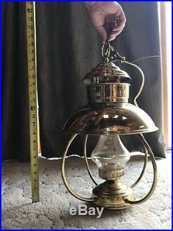 Vintage Extra Large Brass Glass Nautical Electric Hanging Pendant Lamp Set Pair