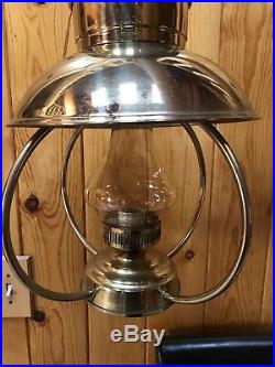 Vintage Extra Large Brass Glass Nautical Electric Hanging Pendant Lamp Set Pair