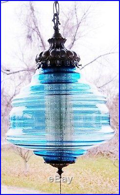 Vintage Falkenstein Mid Century UFO Blue Glass Hanging SWAG Lamp 3 Way Light